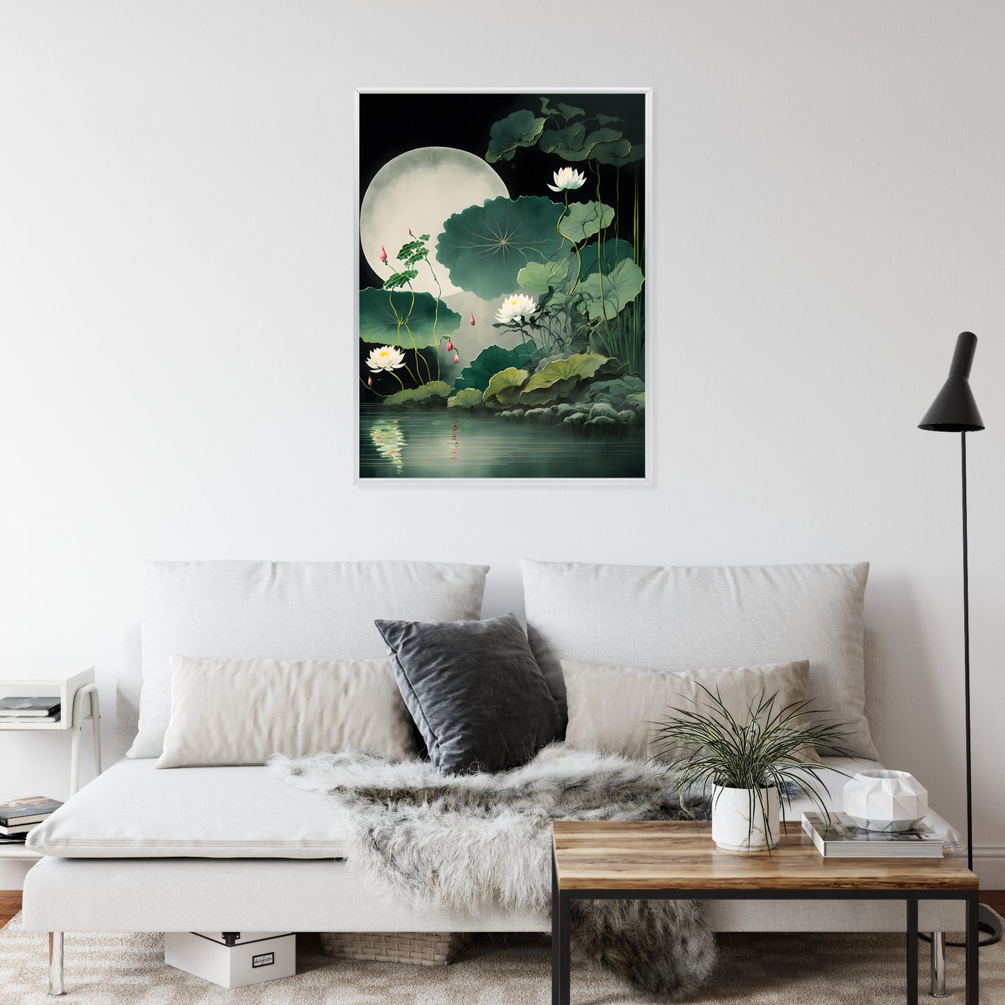 Poster Japanische Lotusblüten Und -Blätter Rahmen Holz Mit Passepartout Farbe Natürlich