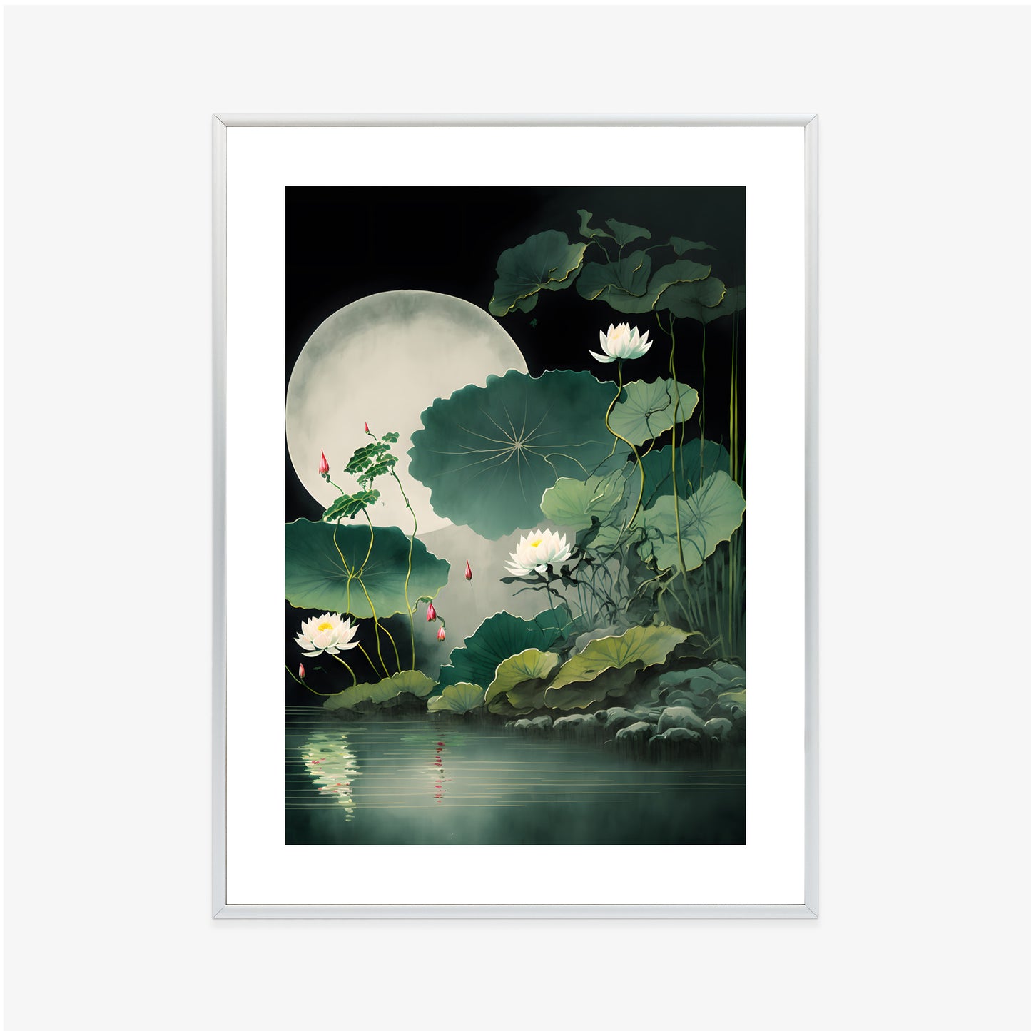 Poster Japanische Lotusblüten Und -Blätter Rahmen Holz Mit Passepartout Farbe Natürlich