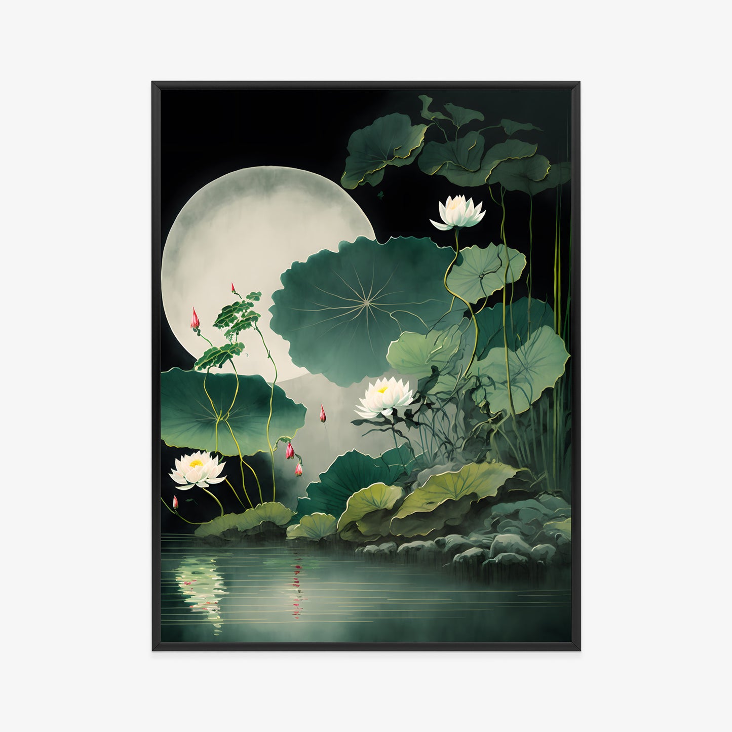 Poster Japanische Lotusblüten Und -Blätter Rahmen Holz Mit Passepartout Farbe Natürlich
