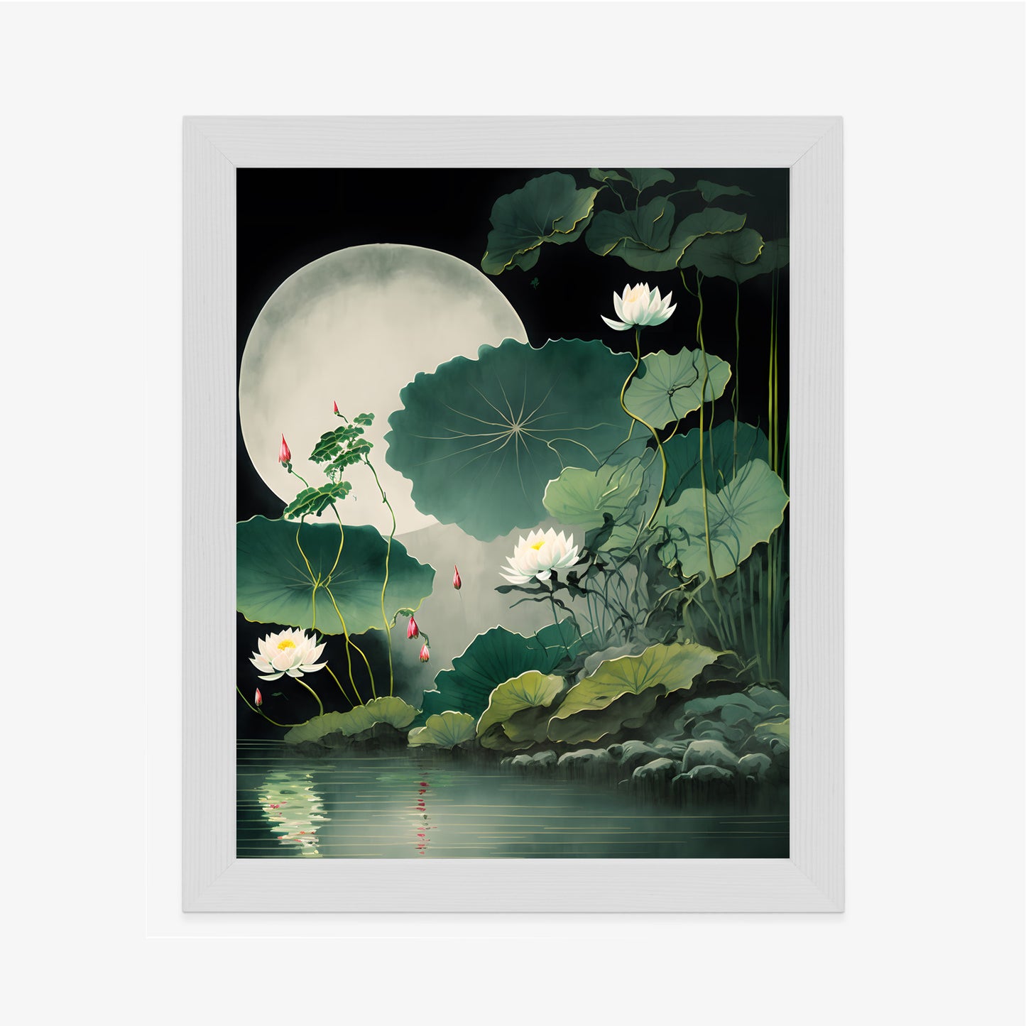 Poster Japanische Lotusblüten Und -Blätter Rahmen Holz Mit Passepartout Farbe Natürlich