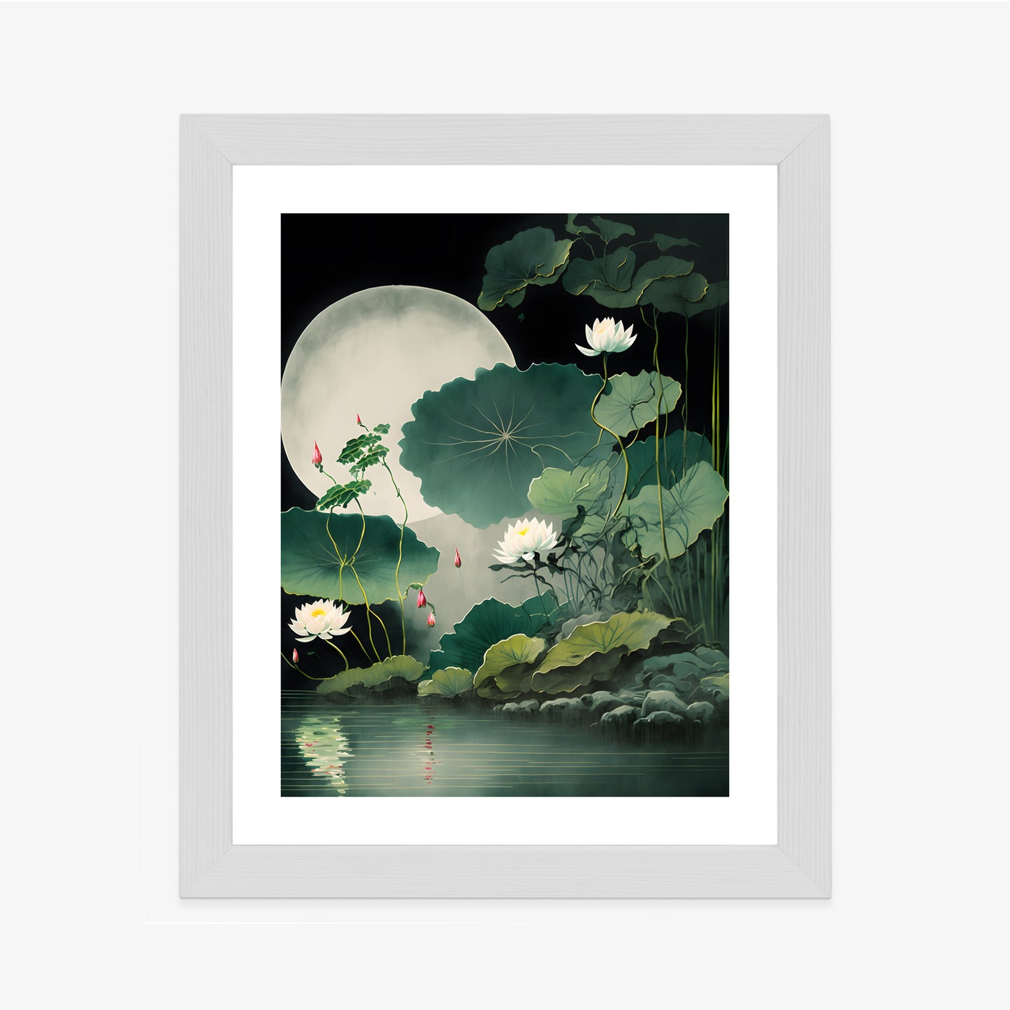 Poster Japanische Lotusblüten Und -Blätter Rahmen Holz Mit Passepartout Farbe Natürlich