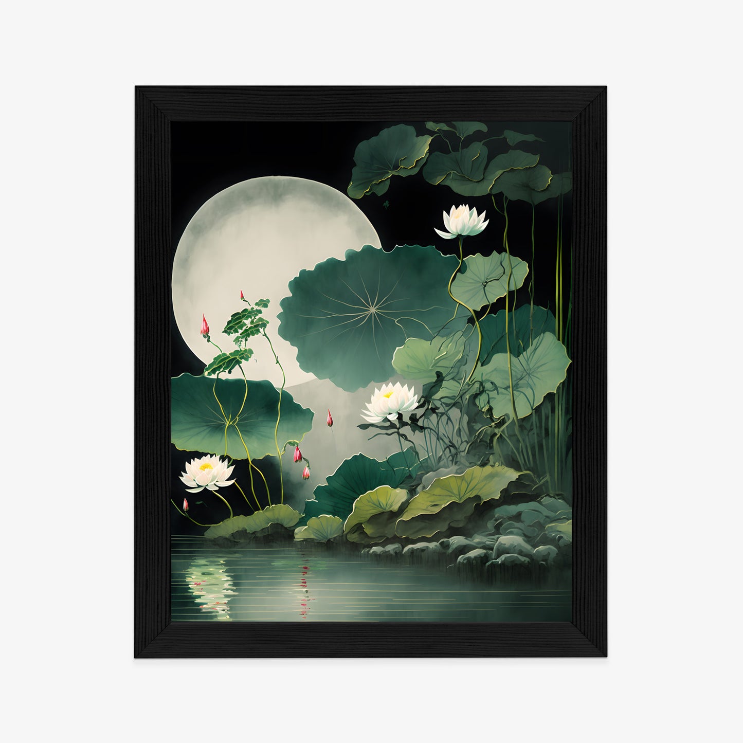 Poster Japanische Lotusblüten Und -Blätter Rahmen Holz Mit Passepartout Farbe Natürlich