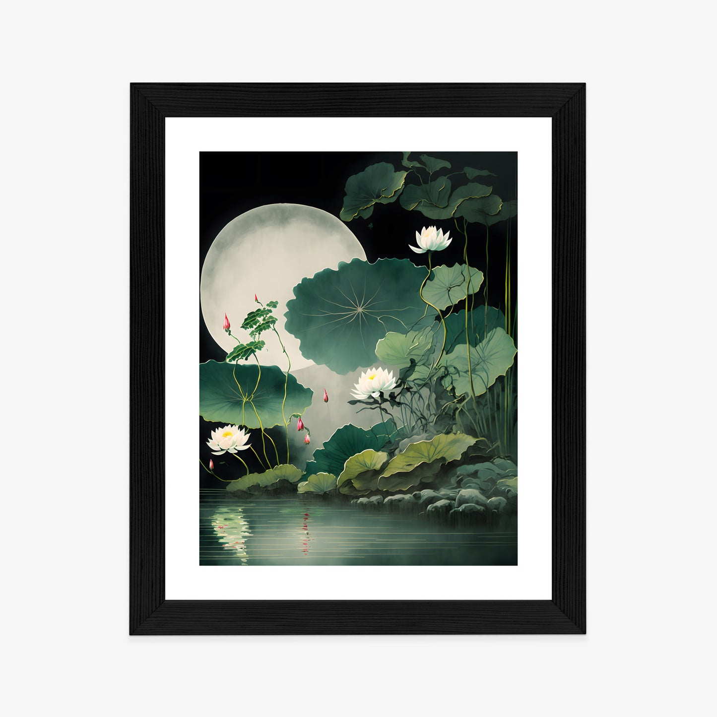 Poster Japanische Lotusblüten Und -Blätter Rahmen Holz Mit Passepartout Farbe Natürlich