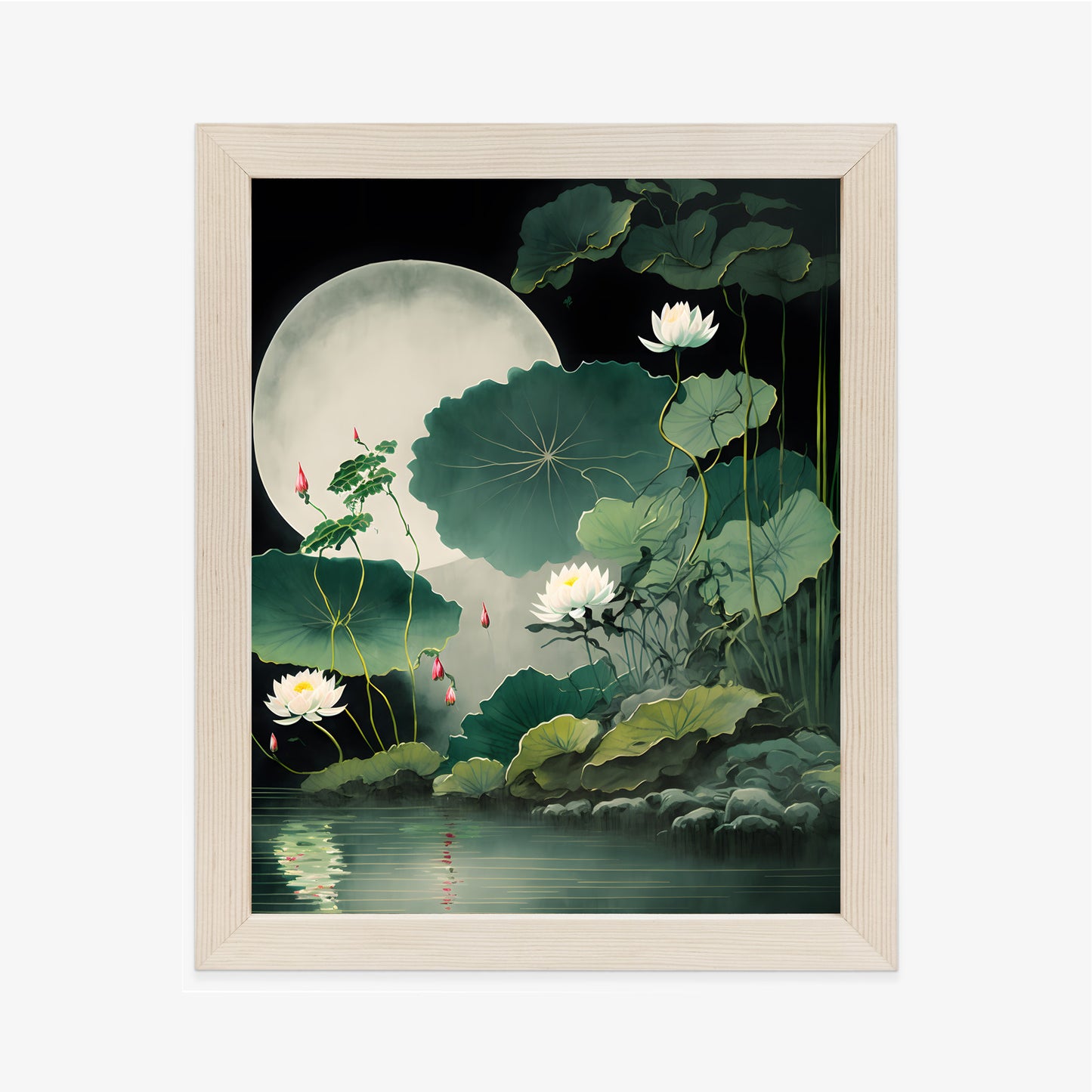 Poster Japanische Lotusblüten Und -Blätter Rahmen Holz Mit Passepartout Farbe Natürlich