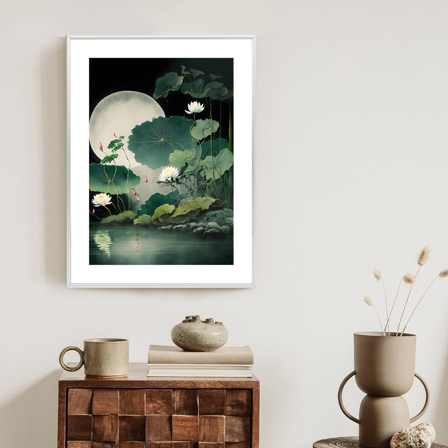 Poster Japanische Lotusblüten Und -Blätter Rahmen Holz Mit Passepartout Farbe Natürlich
