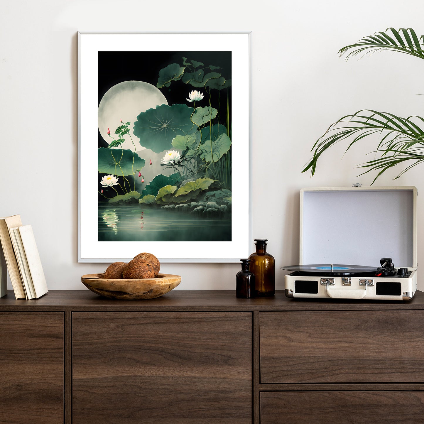 Poster Japanische Lotusblüten Und -Blätter Rahmen Holz Mit Passepartout Farbe Natürlich