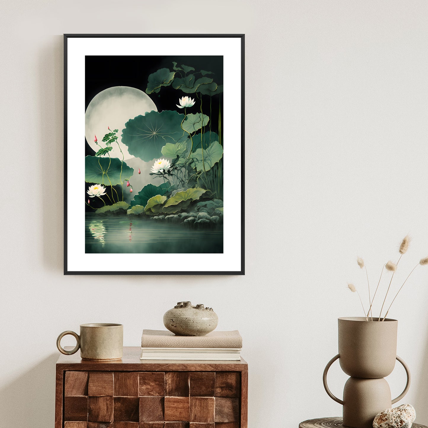 Poster Japanische Lotusblüten Und -Blätter Rahmen Holz Mit Passepartout Farbe Natürlich
