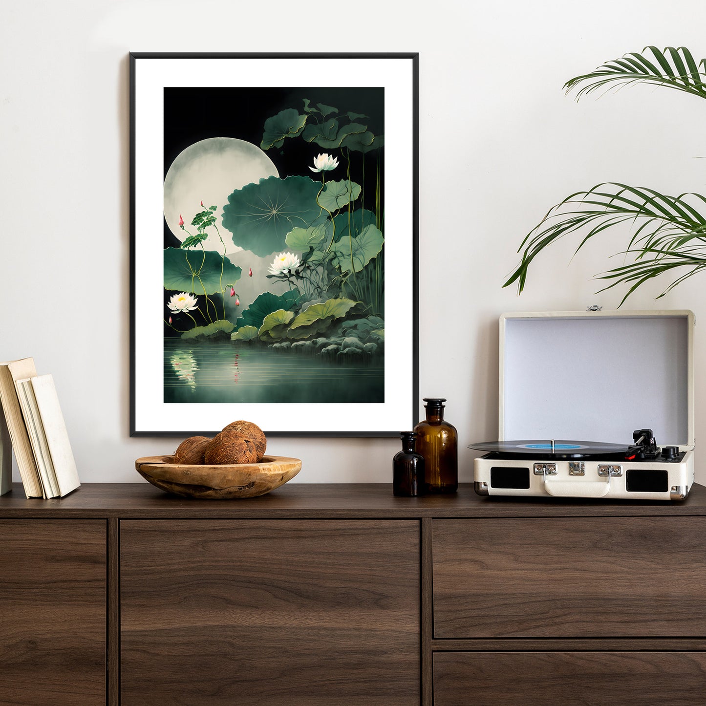 Poster Japanische Lotusblüten Und -Blätter Rahmen Holz Mit Passepartout Farbe Natürlich
