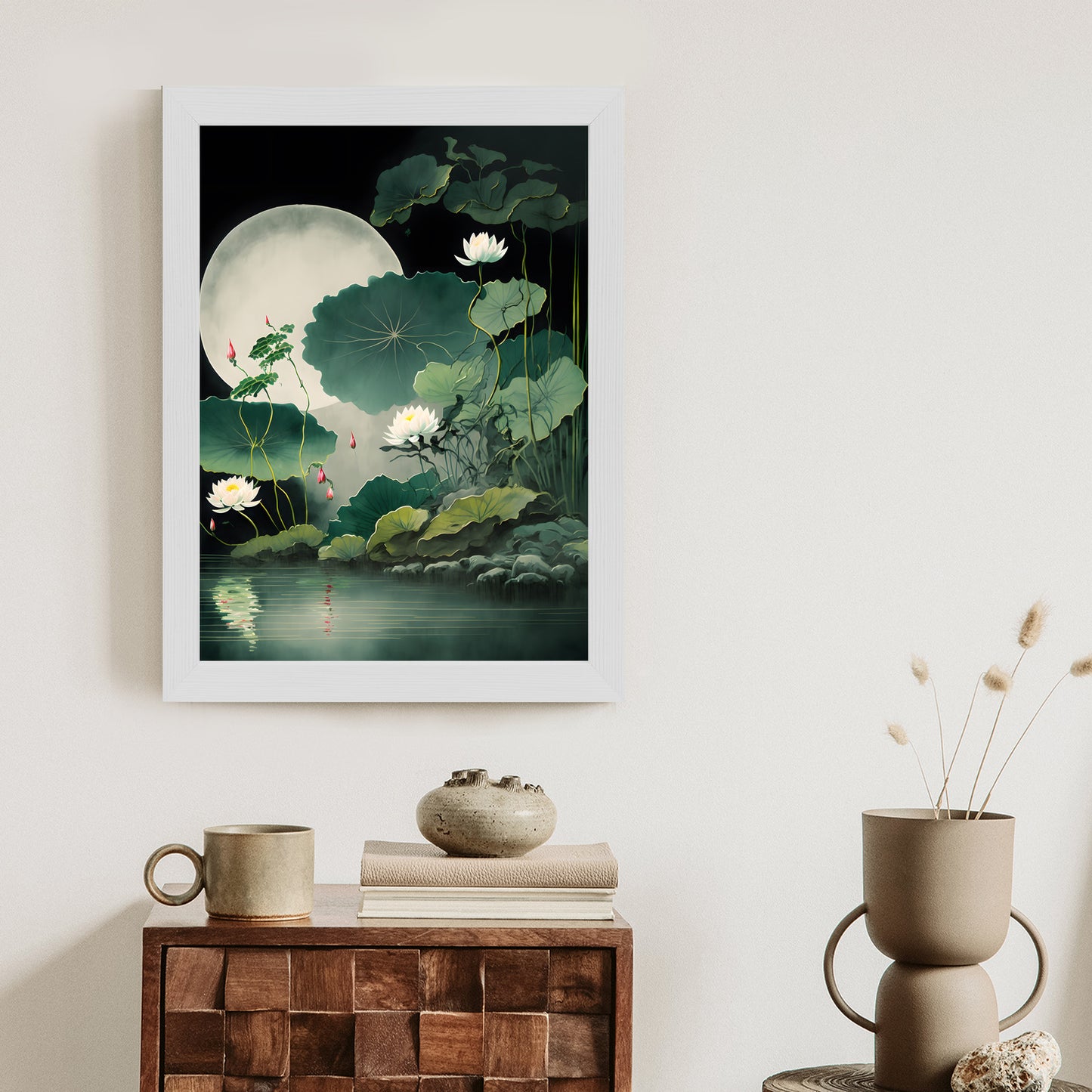 Poster Japanische Lotusblüten Und -Blätter Rahmen Holz Mit Passepartout Farbe Natürlich