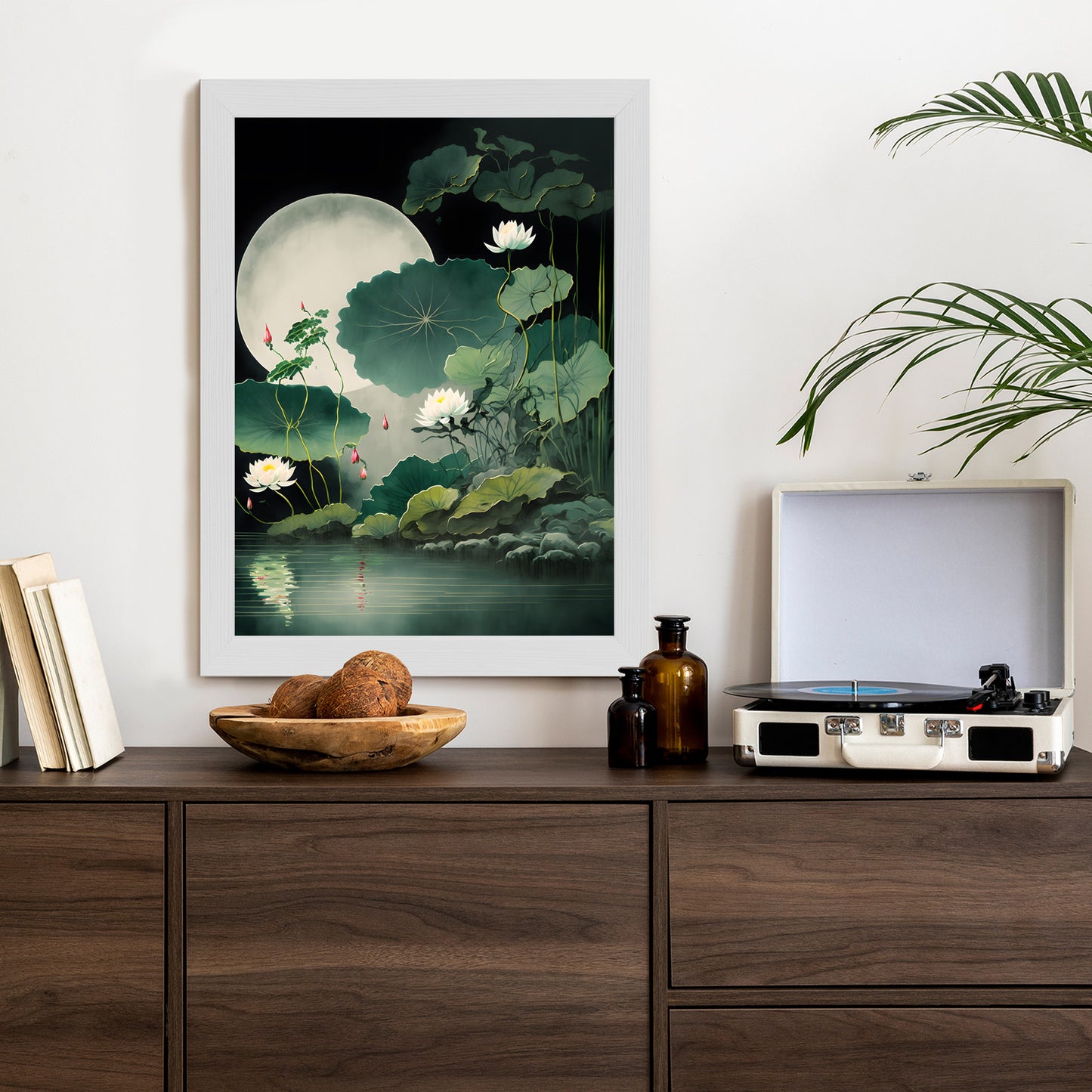 Poster Japanische Lotusblüten Und -Blätter Rahmen Holz Mit Passepartout Farbe Natürlich