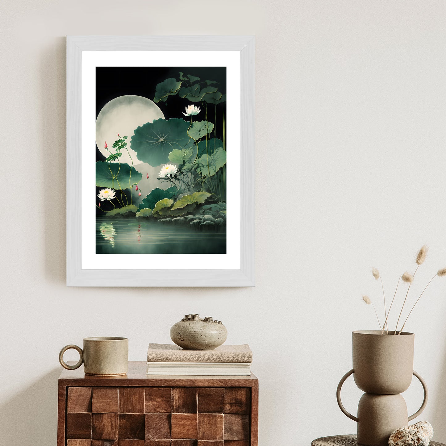 Poster Japanische Lotusblüten Und -Blätter Rahmen Holz Mit Passepartout Farbe Natürlich