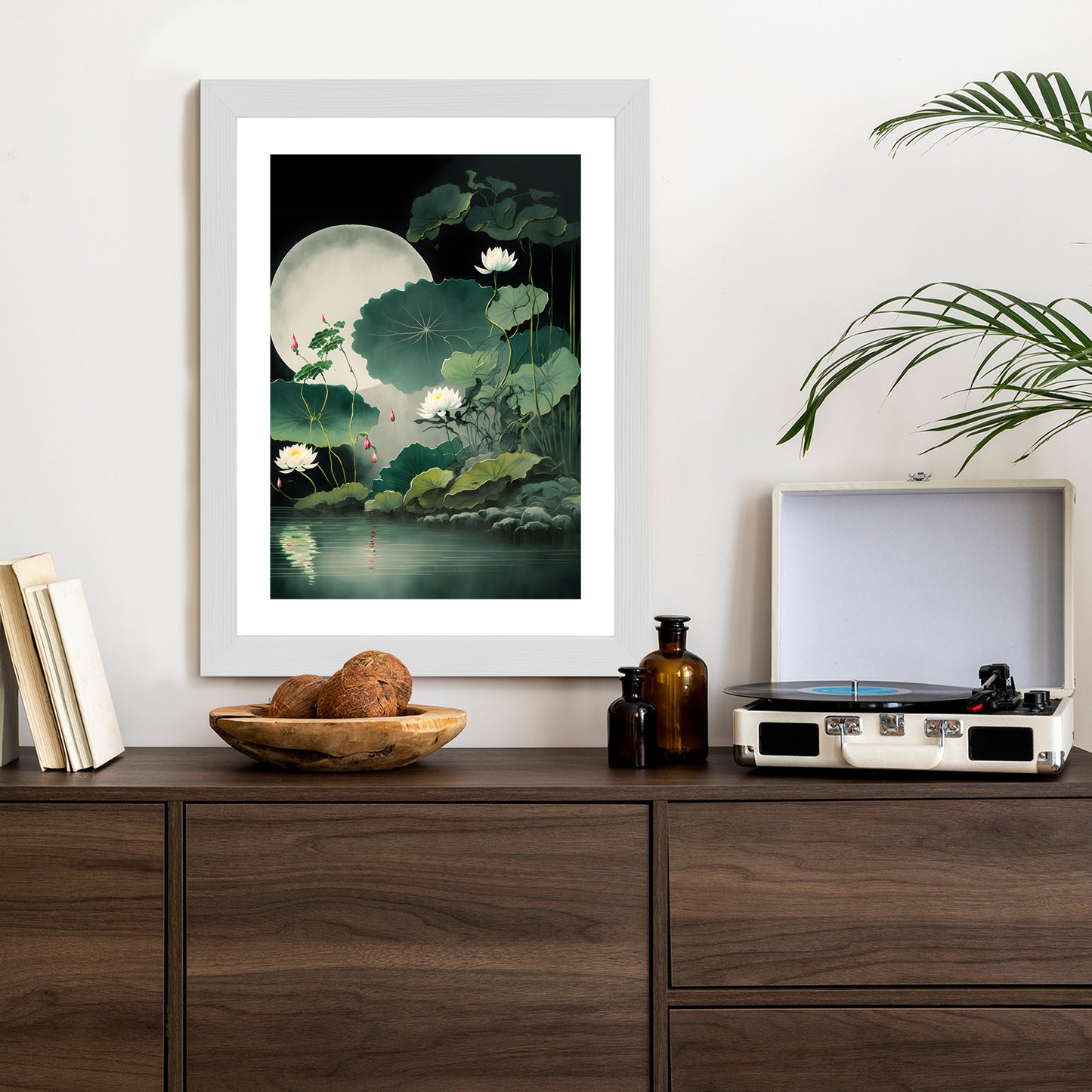 Poster Japanische Lotusblüten Und -Blätter Rahmen Holz Mit Passepartout Farbe Natürlich