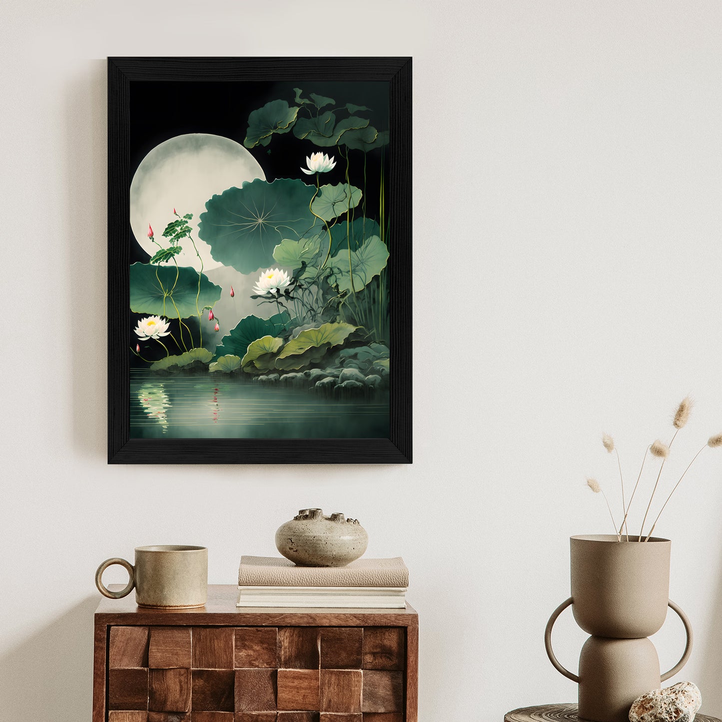 Poster Japanische Lotusblüten Und -Blätter Rahmen Holz Mit Passepartout Farbe Natürlich