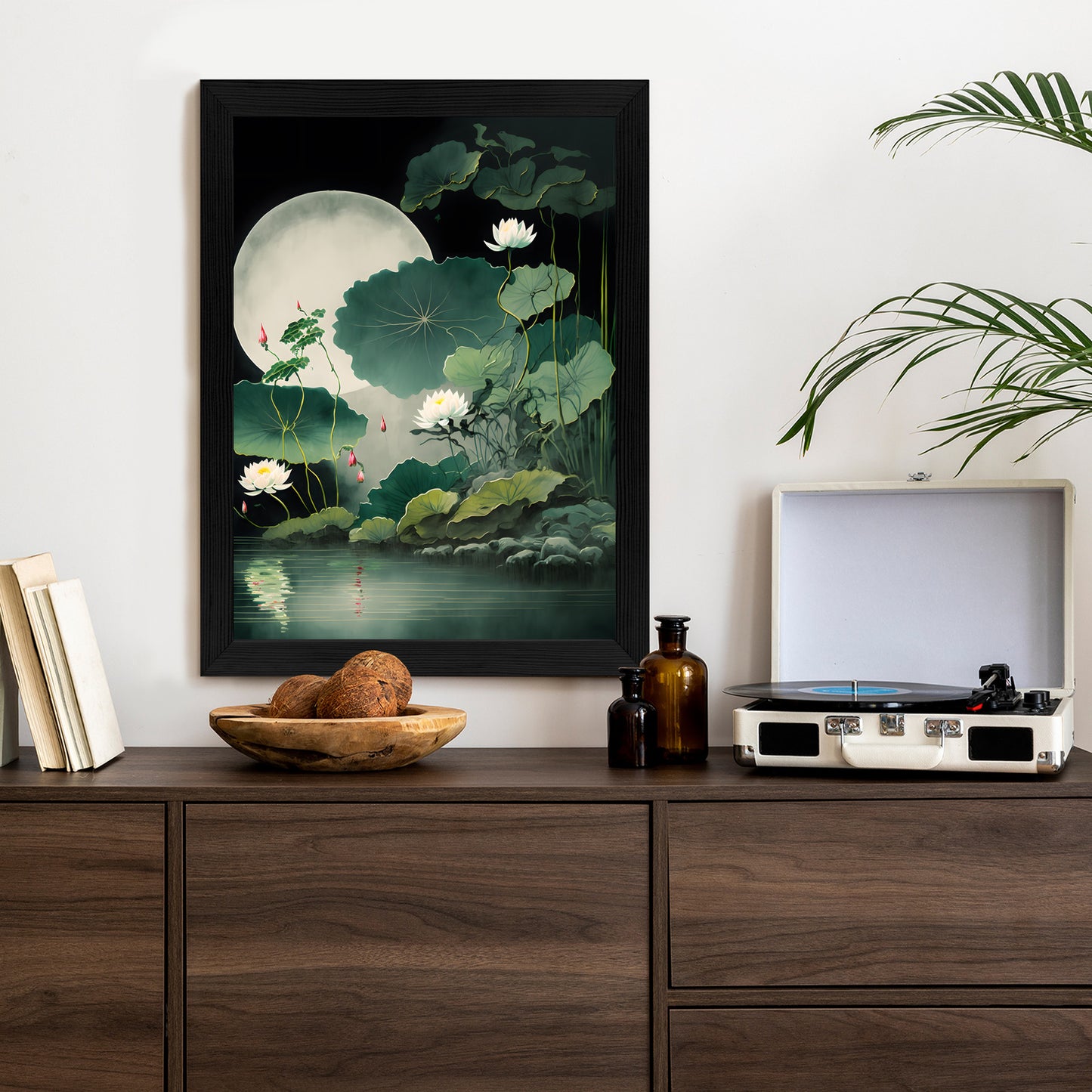 Poster Japanische Lotusblüten Und -Blätter Rahmen Holz Mit Passepartout Farbe Natürlich