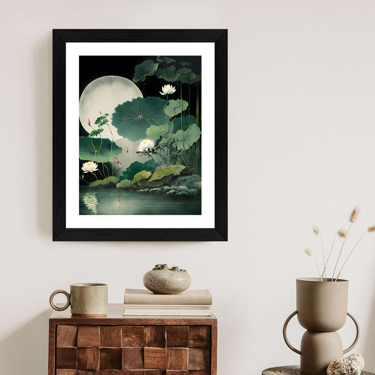 Poster Japanische Lotusblüten Und -Blätter Rahmen Holz Mit Passepartout Farbe Natürlich