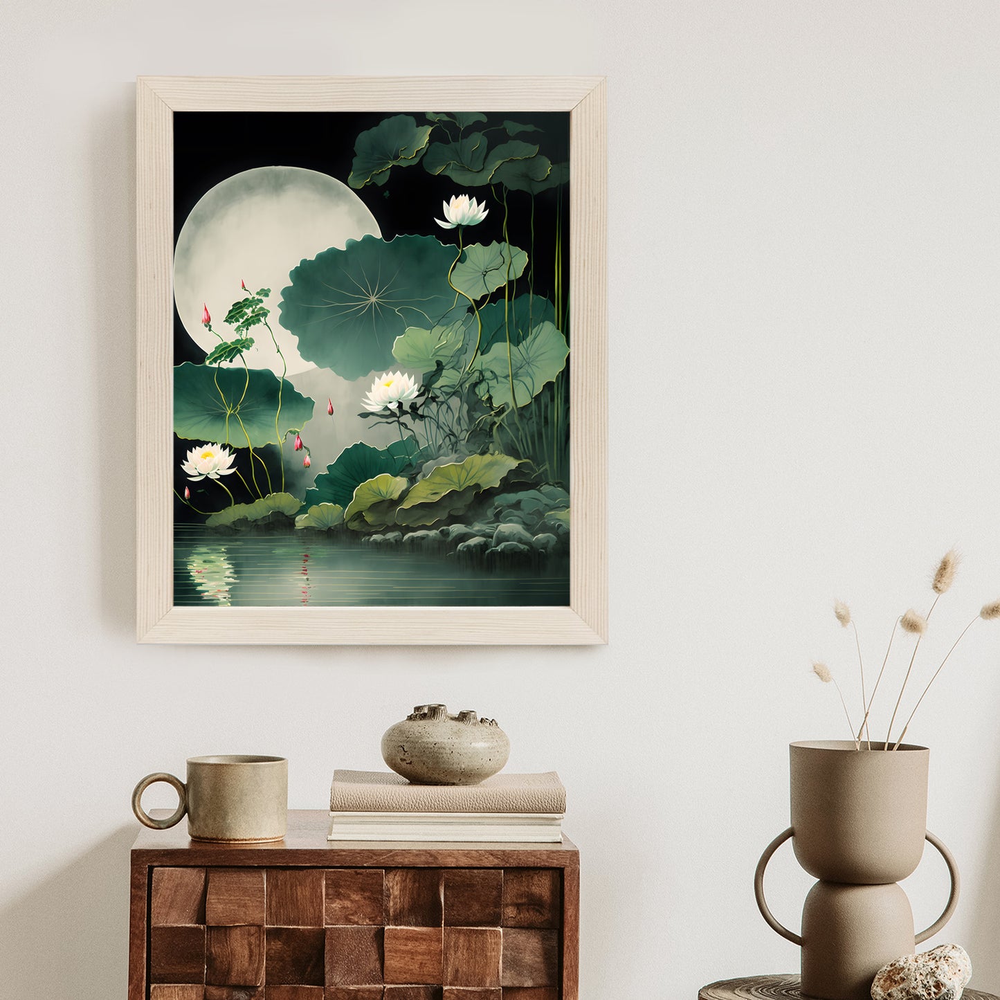 Poster Japanische Lotusblüten Und -Blätter Rahmen Holz Mit Passepartout Farbe Natürlich