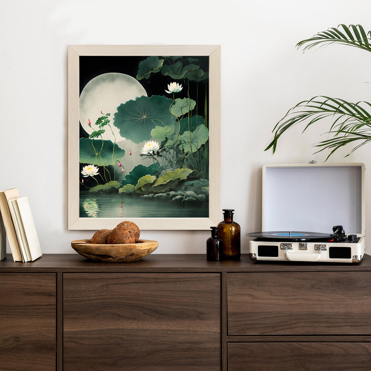 Poster Japanische Lotusblüten Und -Blätter Rahmen Holz Mit Passepartout Farbe Natürlich