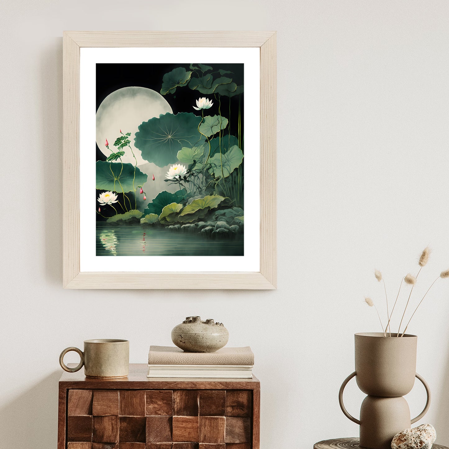 Poster Japanische Lotusblüten Und -Blätter Rahmen Holz Mit Passepartout Farbe Natürlich