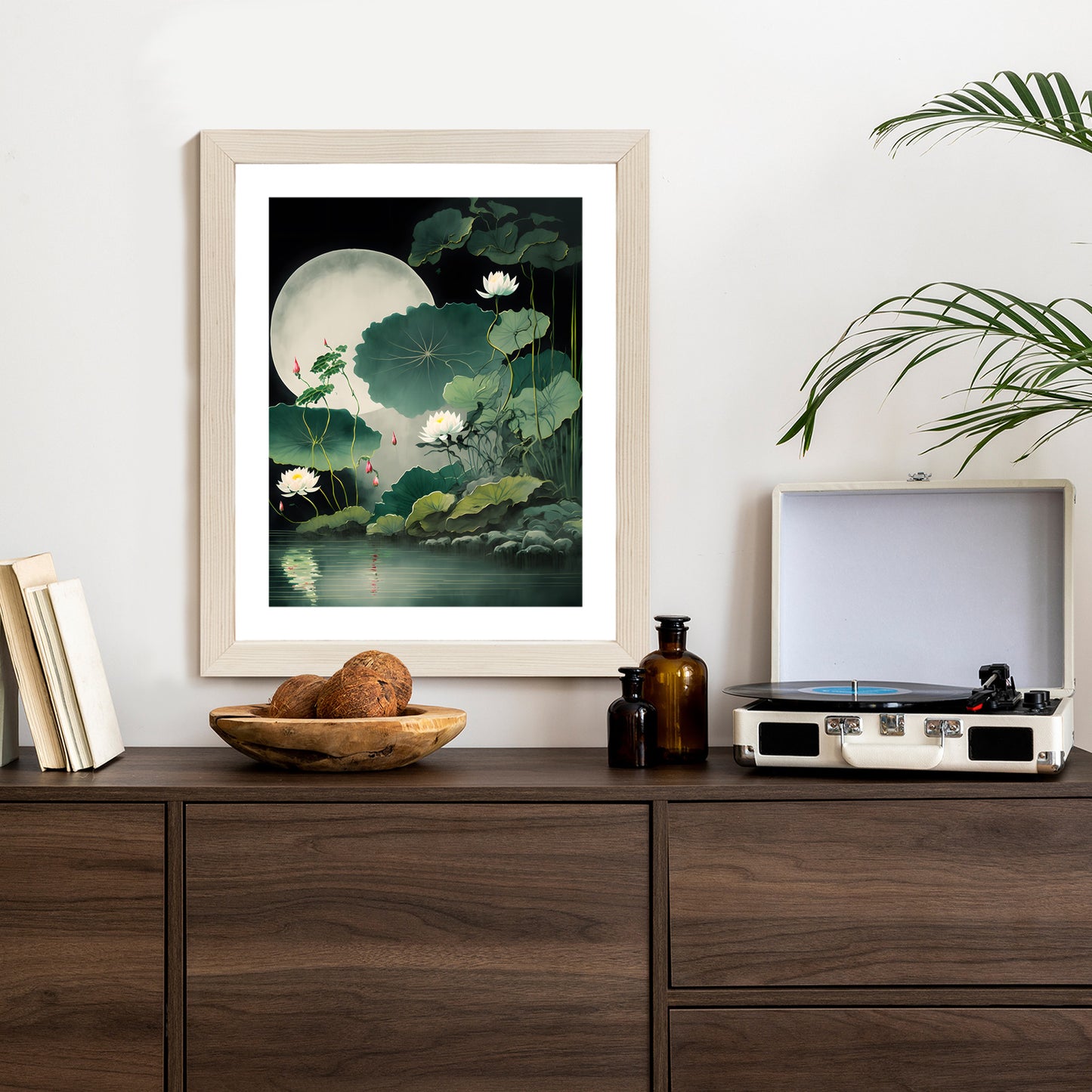 Poster Japanische Lotusblüten Und -Blätter Rahmen Holz Mit Passepartout Farbe Natürlich