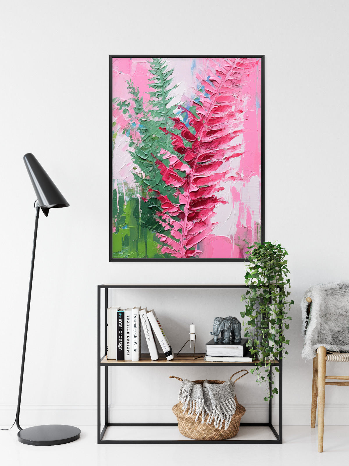 Poster Rosa Farnblätter Rahmen Holz Mit Passepartout Farbe Natürlich