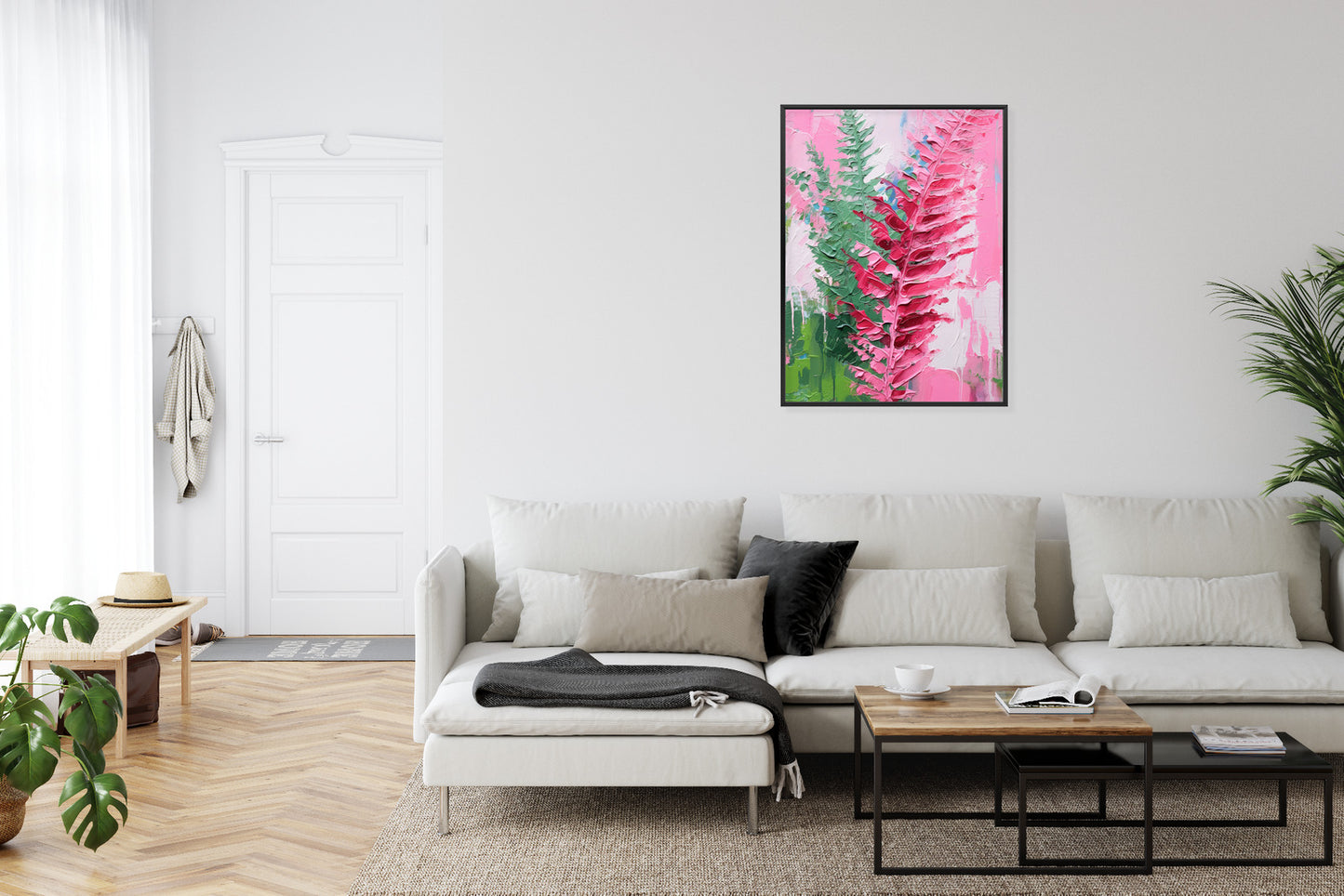 Poster Rosa Farnblätter Rahmen Holz Mit Passepartout Farbe Natürlich
