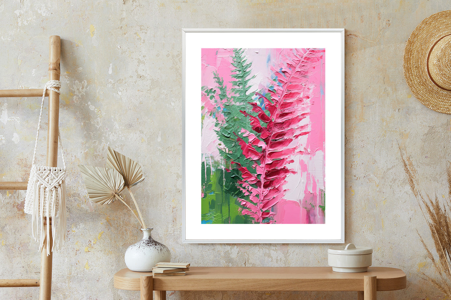 Poster Rosa Farnblätter Rahmen Holz Mit Passepartout Farbe Natürlich