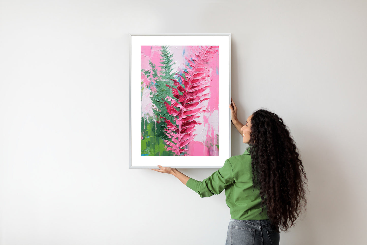 Poster Rosa Farnblätter Rahmen Holz Mit Passepartout Farbe Natürlich