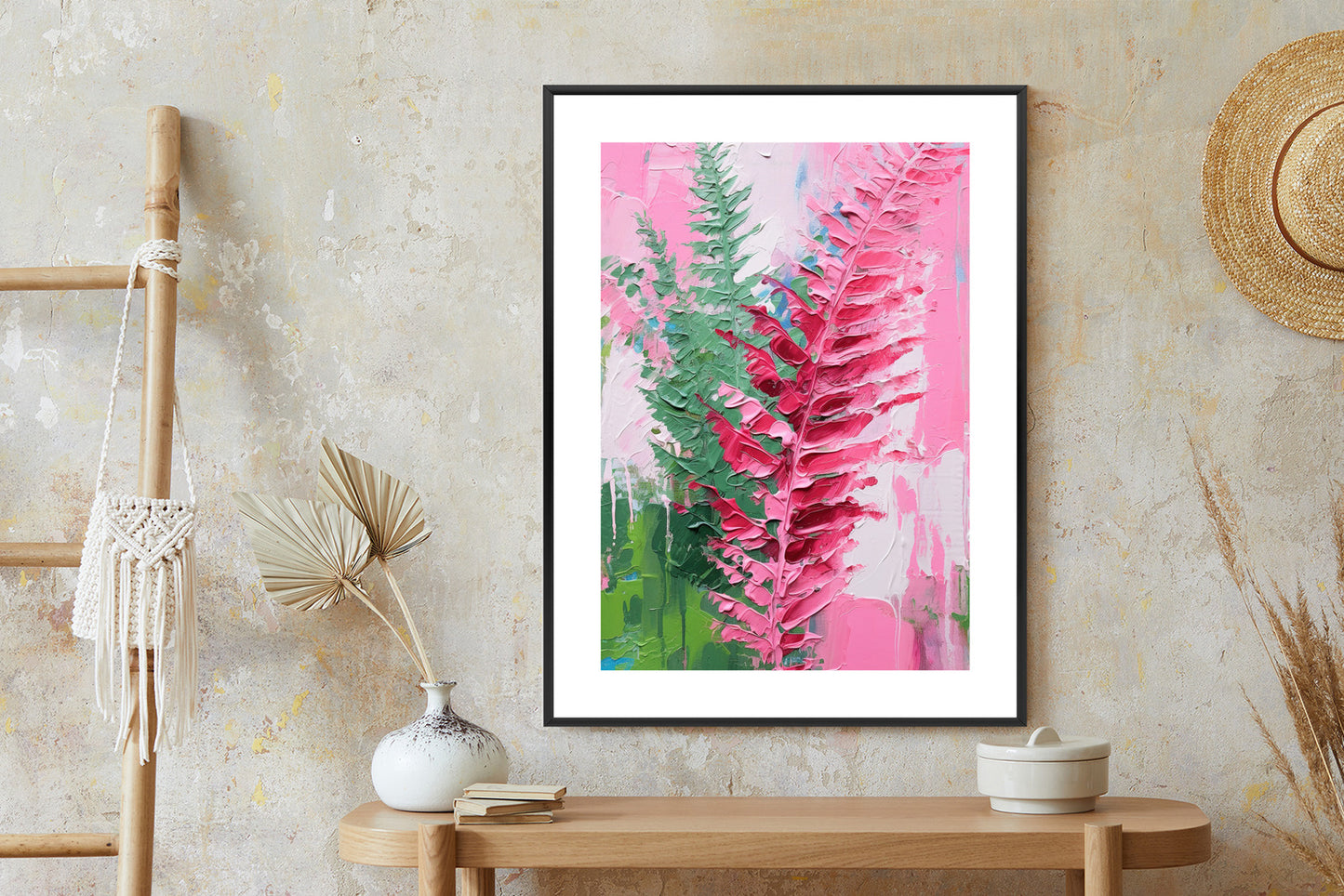 Poster Rosa Farnblätter Rahmen Holz Mit Passepartout Farbe Natürlich