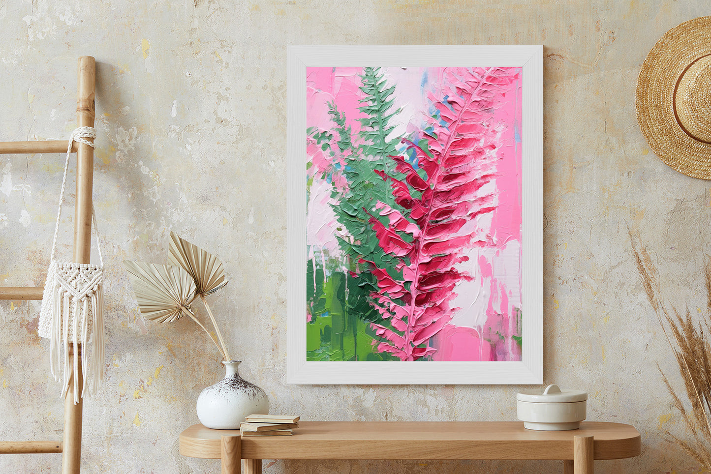 Poster Rosa Farnblätter Rahmen Holz Mit Passepartout Farbe Natürlich