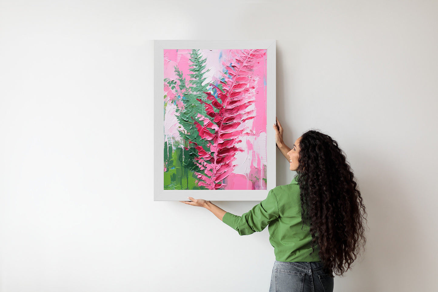 Poster Rosa Farnblätter Rahmen Holz Mit Passepartout Farbe Natürlich