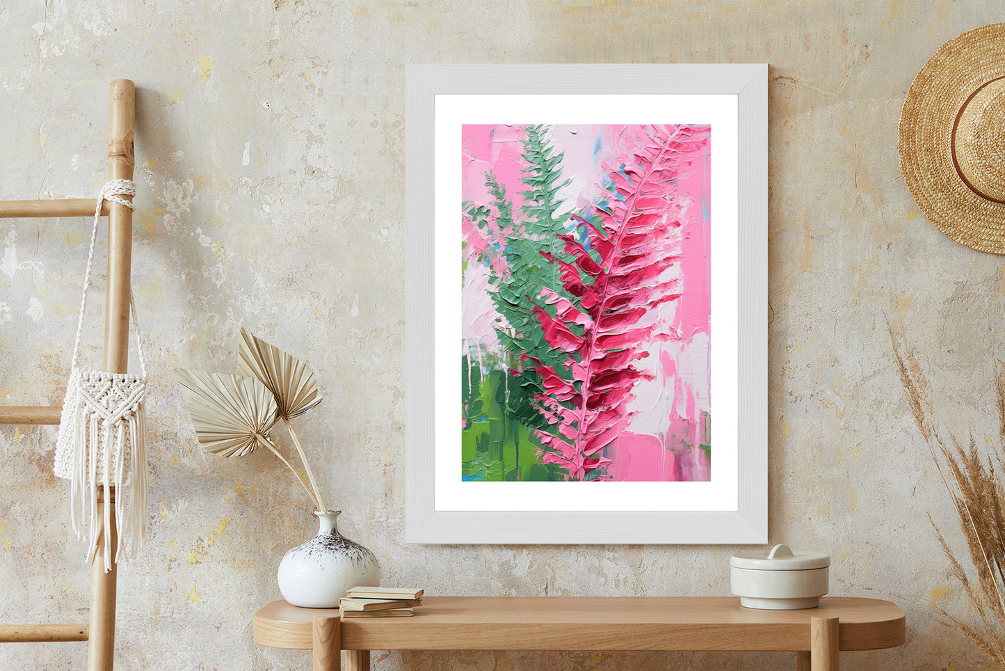 Poster Rosa Farnblätter Rahmen Holz Mit Passepartout Farbe Natürlich