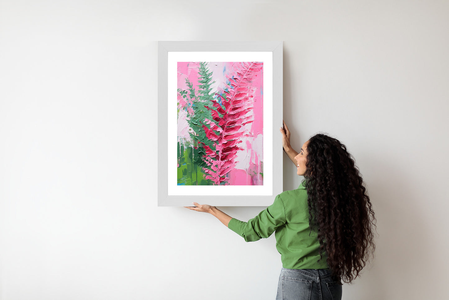 Poster Rosa Farnblätter Rahmen Holz Mit Passepartout Farbe Natürlich