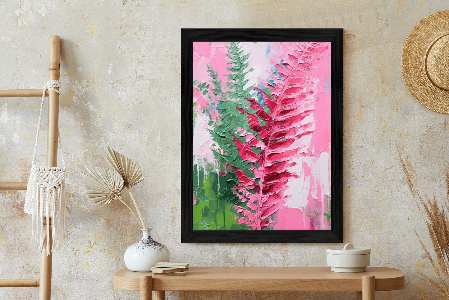 Poster Rosa Farnblätter Rahmen Holz Mit Passepartout Farbe Natürlich