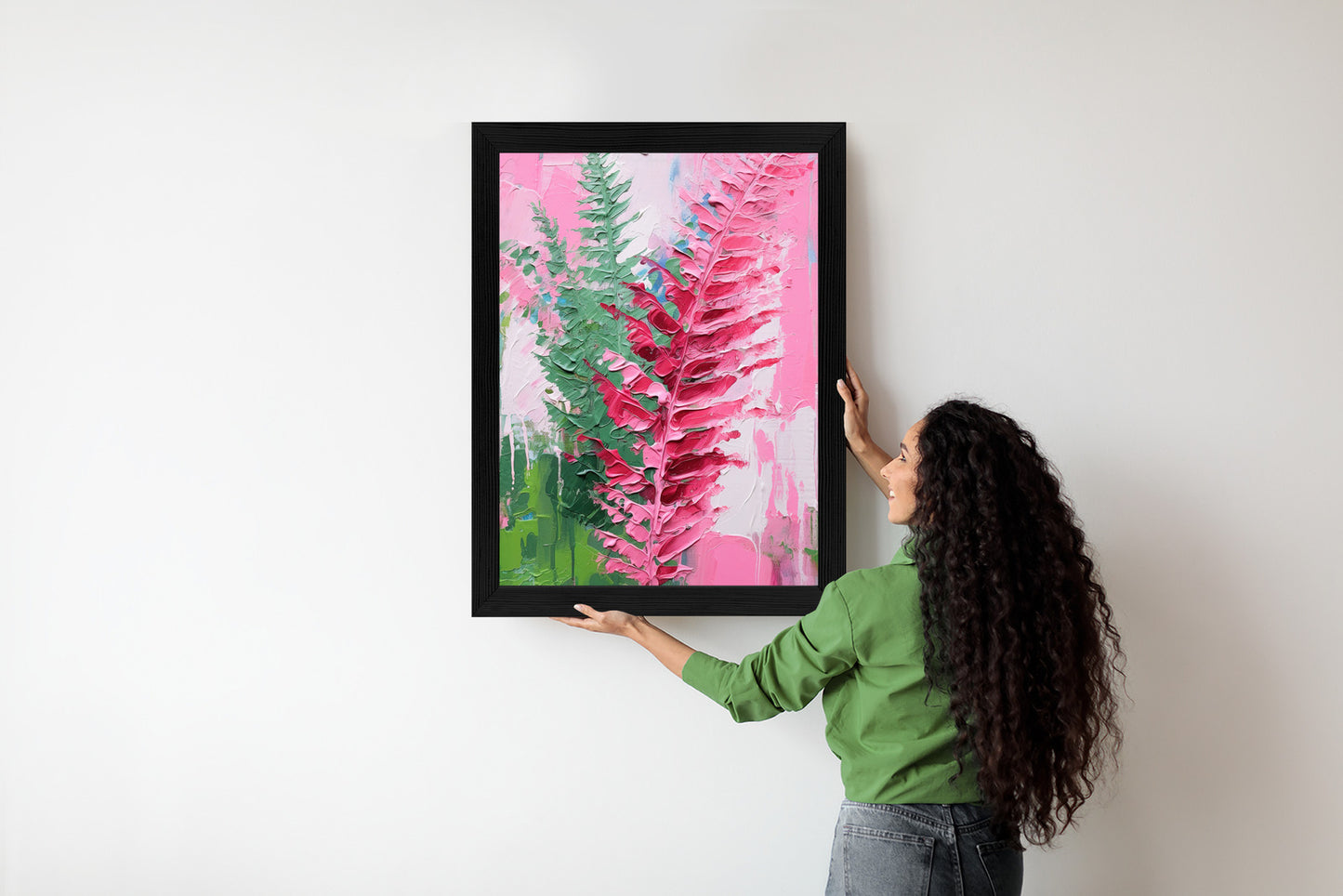 Poster Rosa Farnblätter Rahmen Holz Mit Passepartout Farbe Natürlich