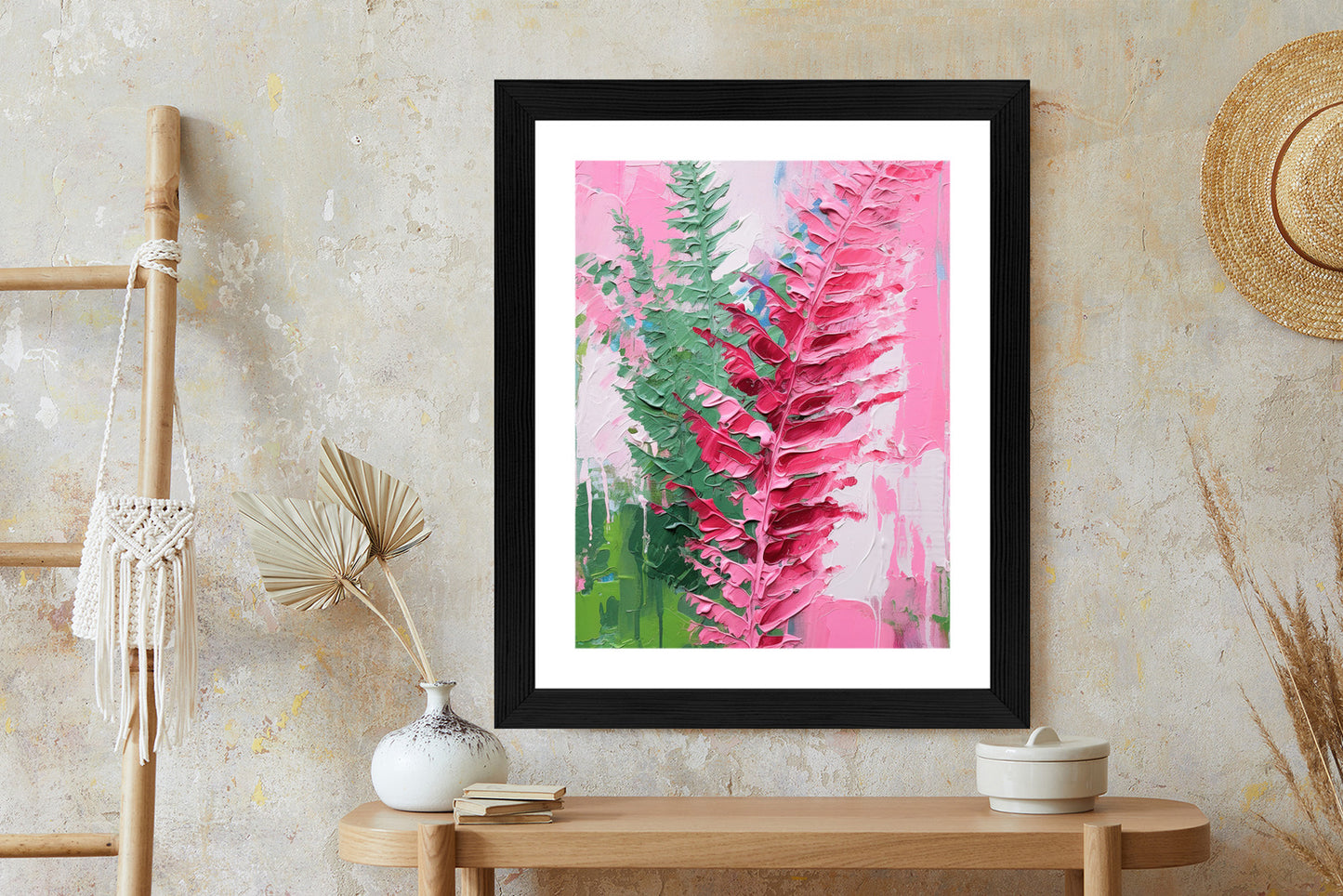 Poster Rosa Farnblätter Rahmen Holz Mit Passepartout Farbe Natürlich