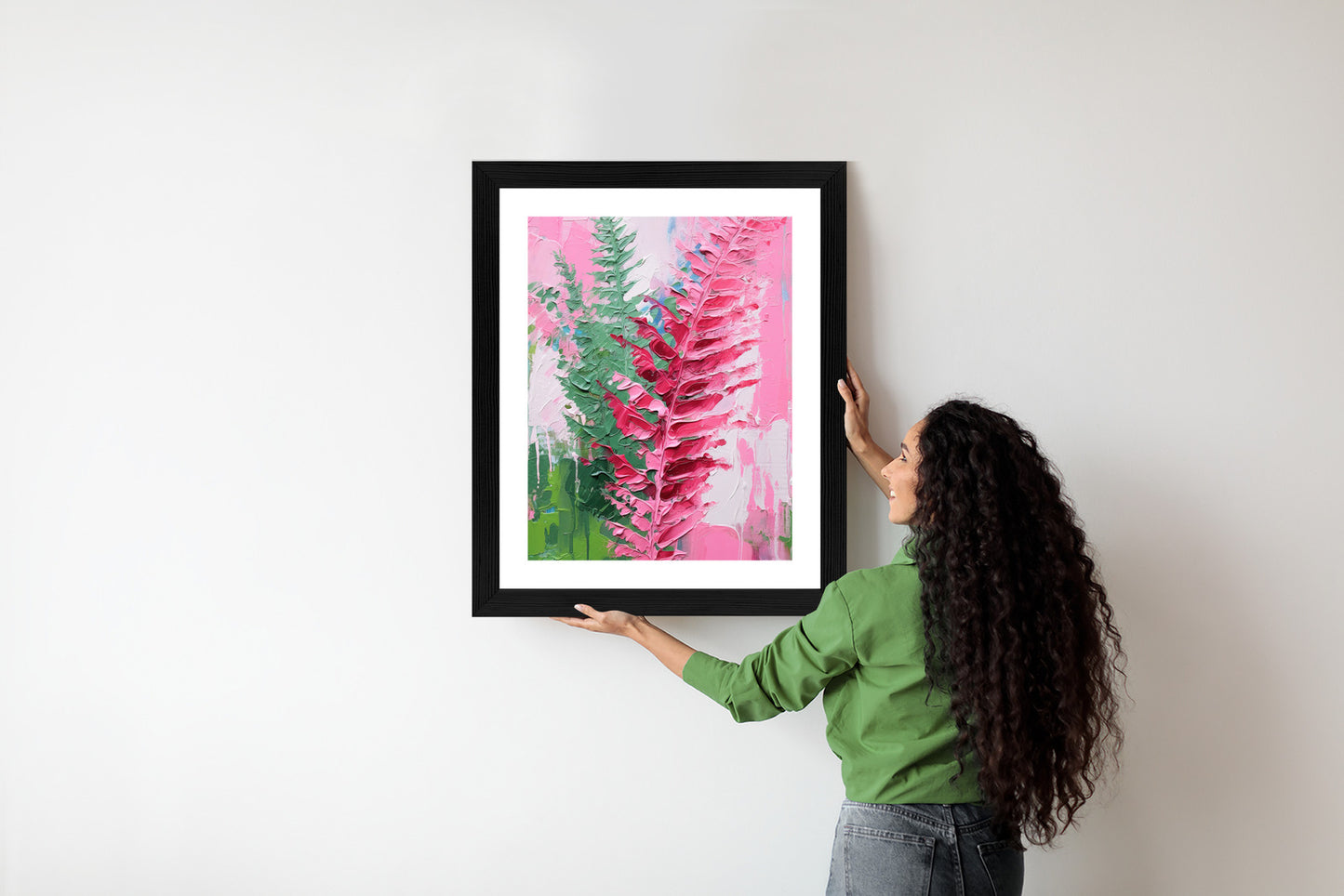 Poster Rosa Farnblätter Rahmen Holz Mit Passepartout Farbe Natürlich
