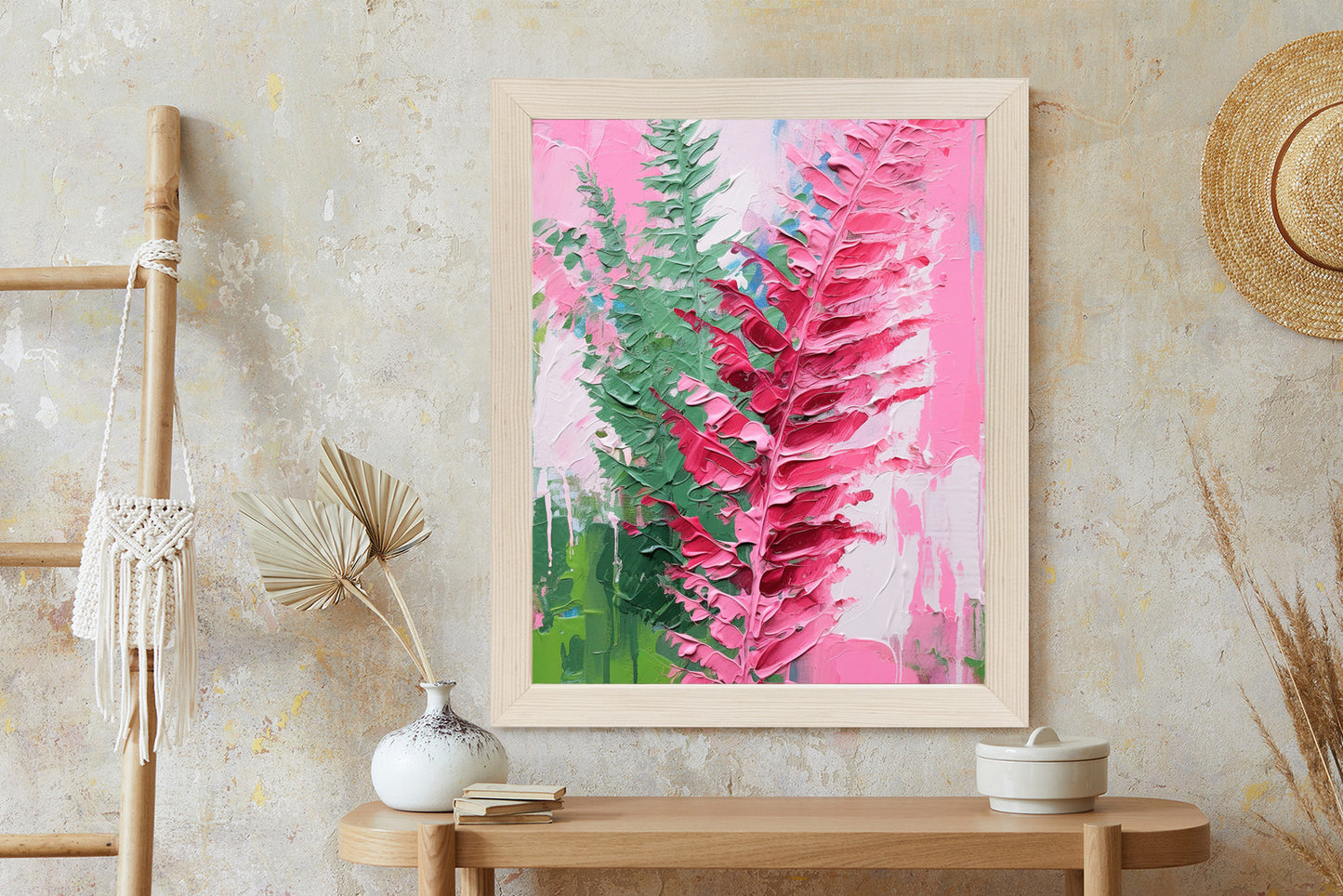 Poster Rosa Farnblätter Rahmen Holz Mit Passepartout Farbe Natürlich