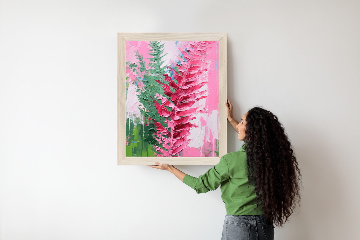 Poster Rosa Farnblätter Rahmen Holz Mit Passepartout Farbe Natürlich