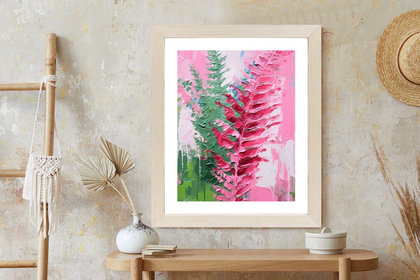 Poster Rosa Farnblätter Rahmen Holz Mit Passepartout Farbe Natürlich