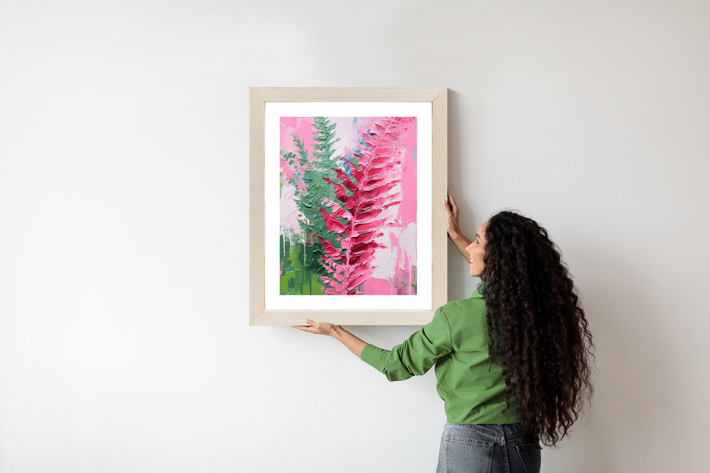 Poster Rosa Farnblätter Rahmen Holz Mit Passepartout Farbe Natürlich