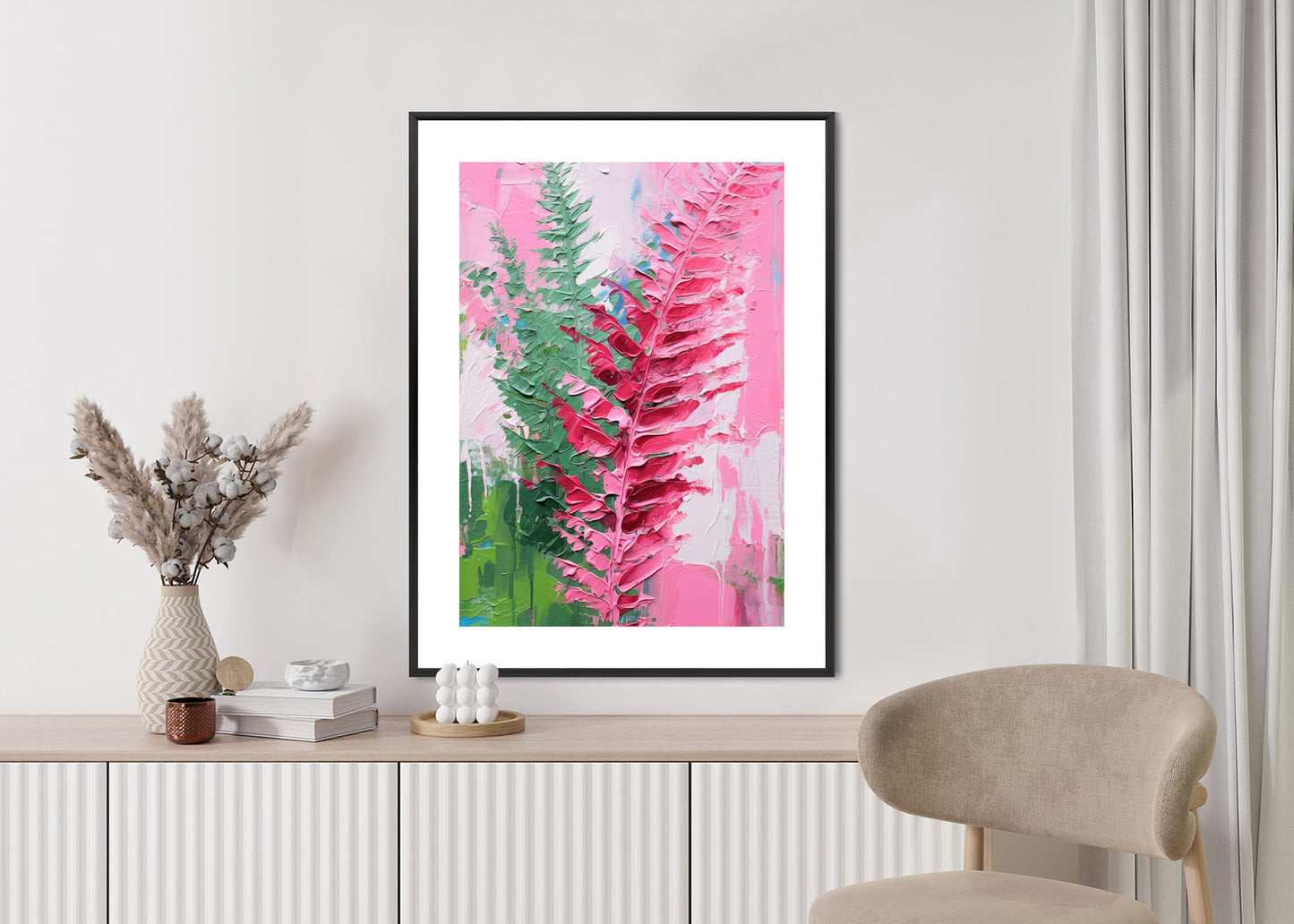 Poster Rosa Farnblätter Rahmen Holz Mit Passepartout Farbe Natürlich