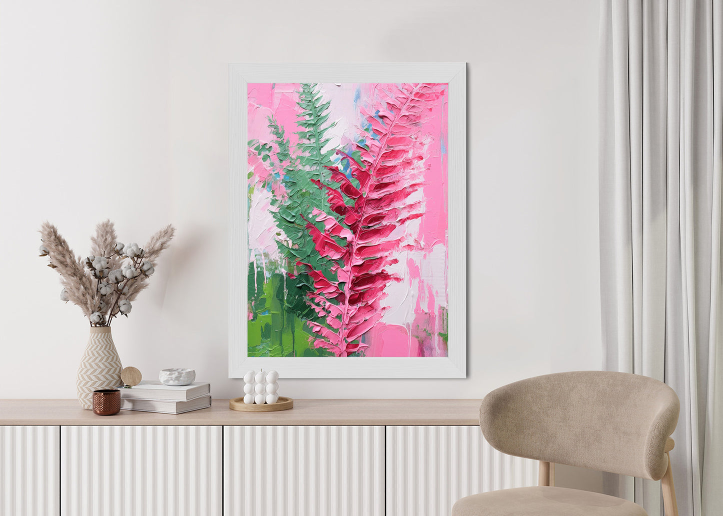 Poster Rosa Farnblätter Rahmen Holz Mit Passepartout Farbe Natürlich