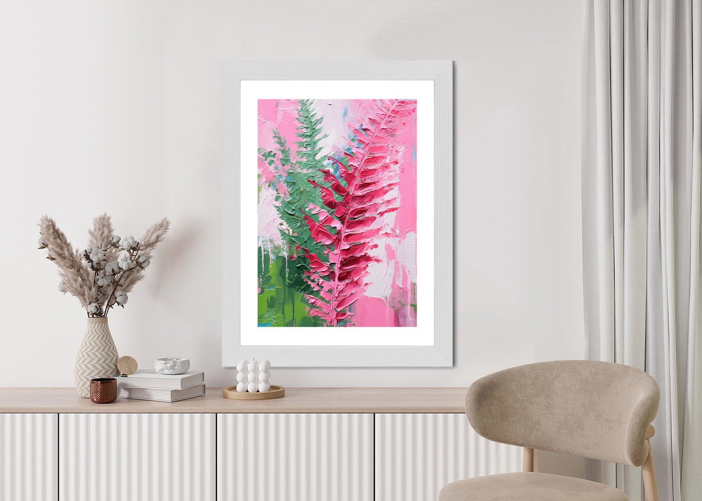 Poster Rosa Farnblätter Rahmen Holz Mit Passepartout Farbe Natürlich