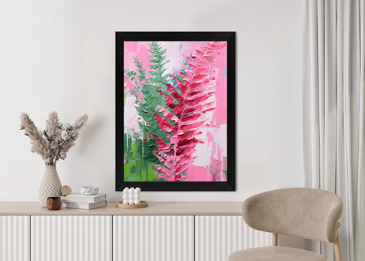Poster Rosa Farnblätter Rahmen Holz Mit Passepartout Farbe Natürlich