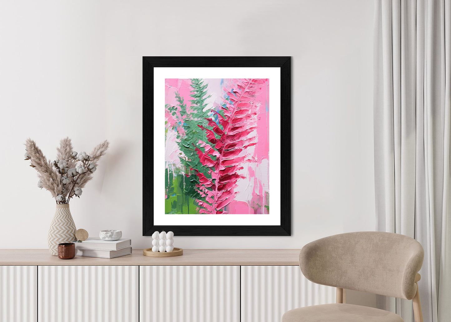 Poster Rosa Farnblätter Rahmen Holz Mit Passepartout Farbe Natürlich