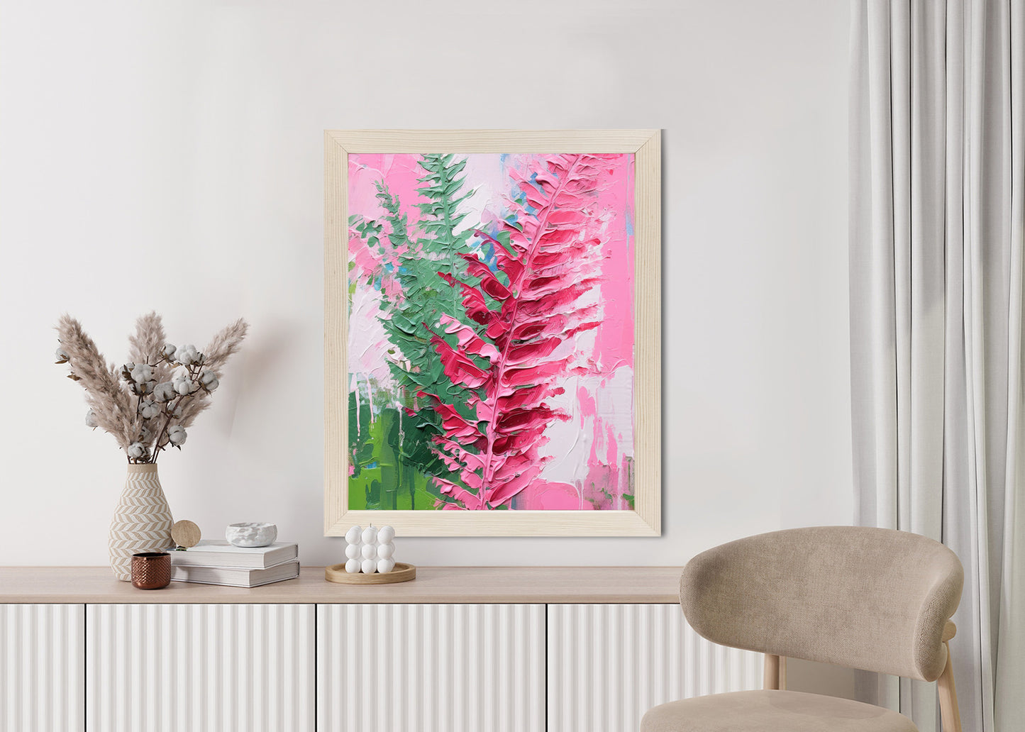 Poster Rosa Farnblätter Rahmen Holz Mit Passepartout Farbe Natürlich