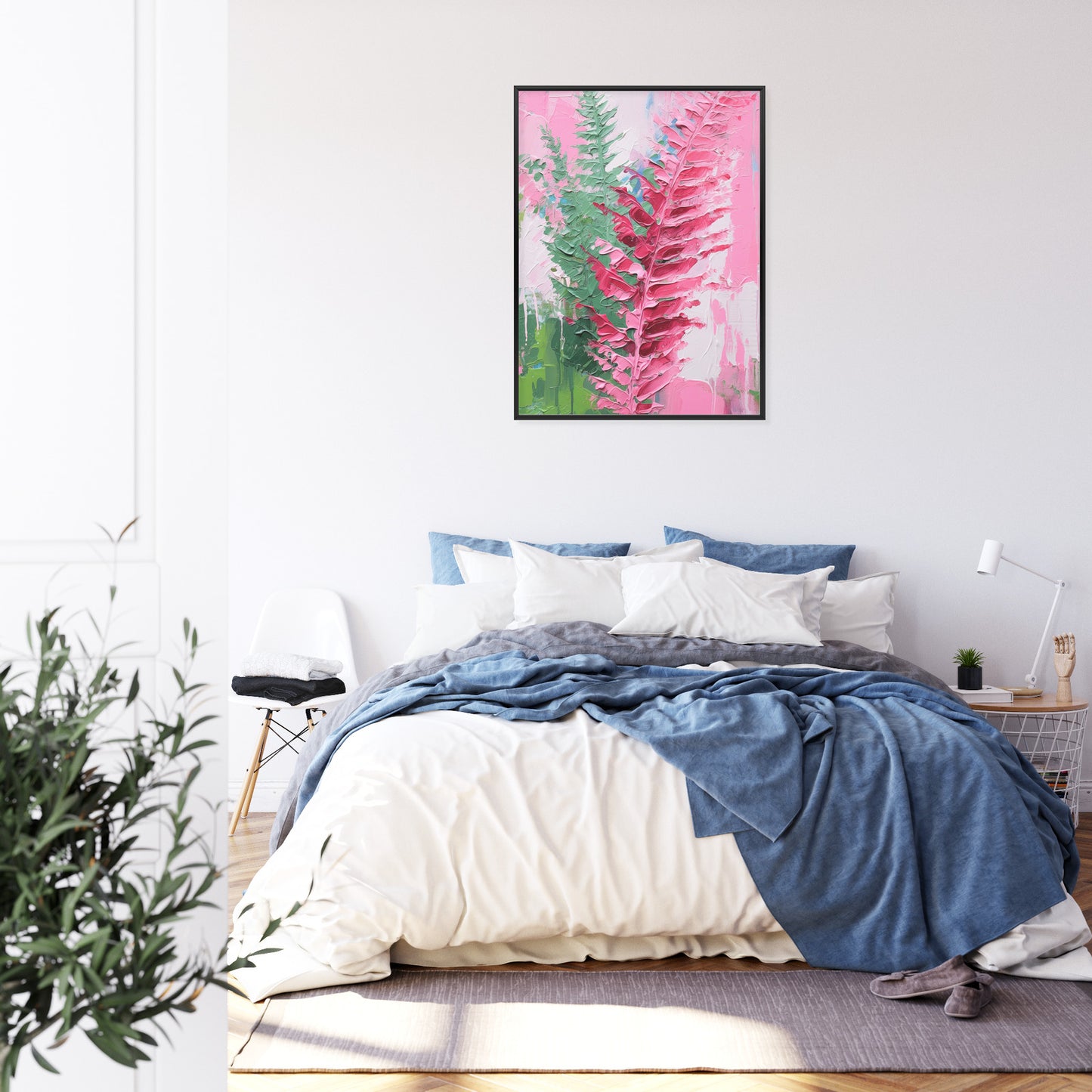 Poster Rosa Farnblätter Rahmen Holz Mit Passepartout Farbe Natürlich