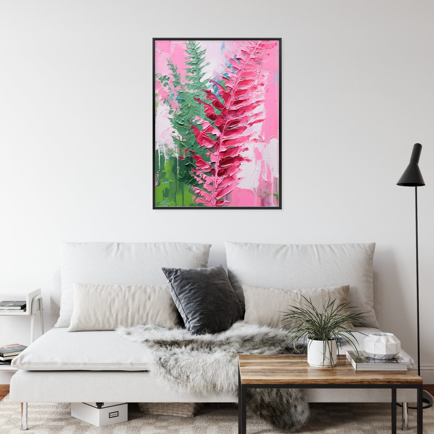 Poster Rosa Farnblätter Rahmen Holz Mit Passepartout Farbe Natürlich