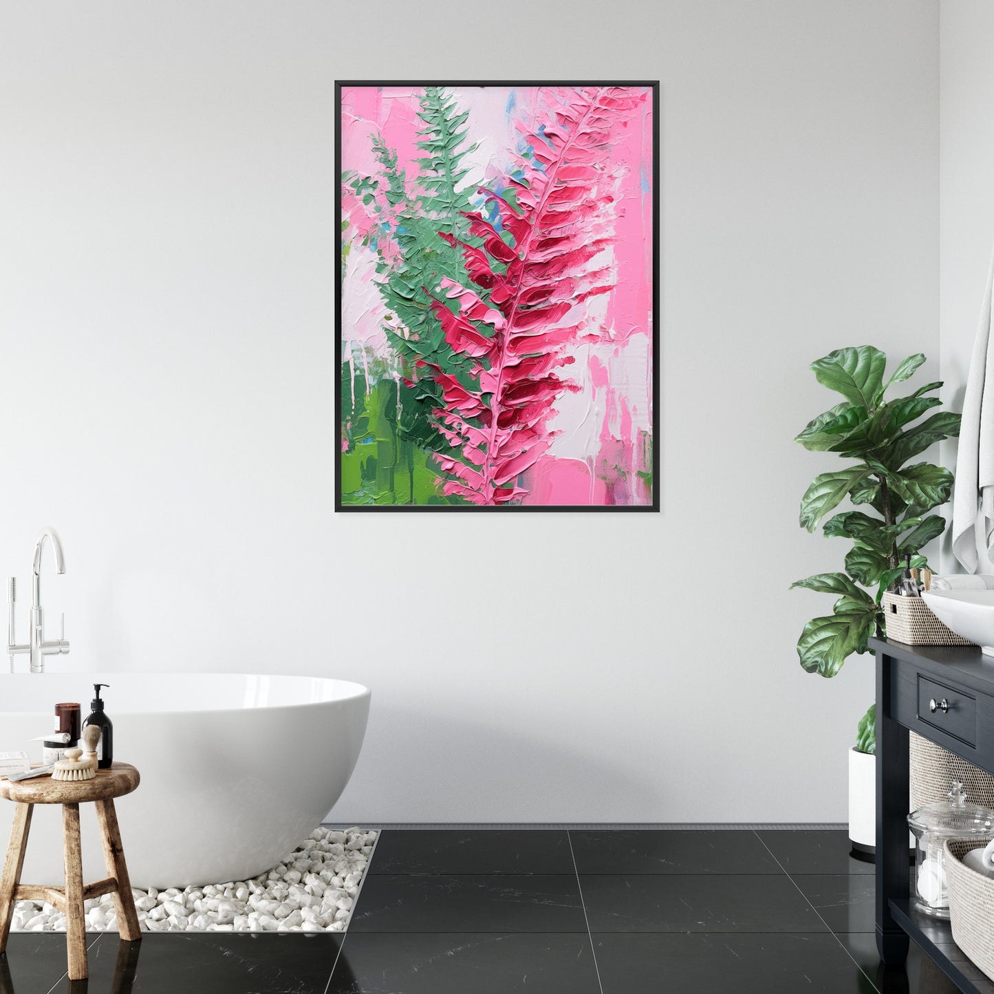 Poster Rosa Farnblätter Rahmen Holz Mit Passepartout Farbe Natürlich