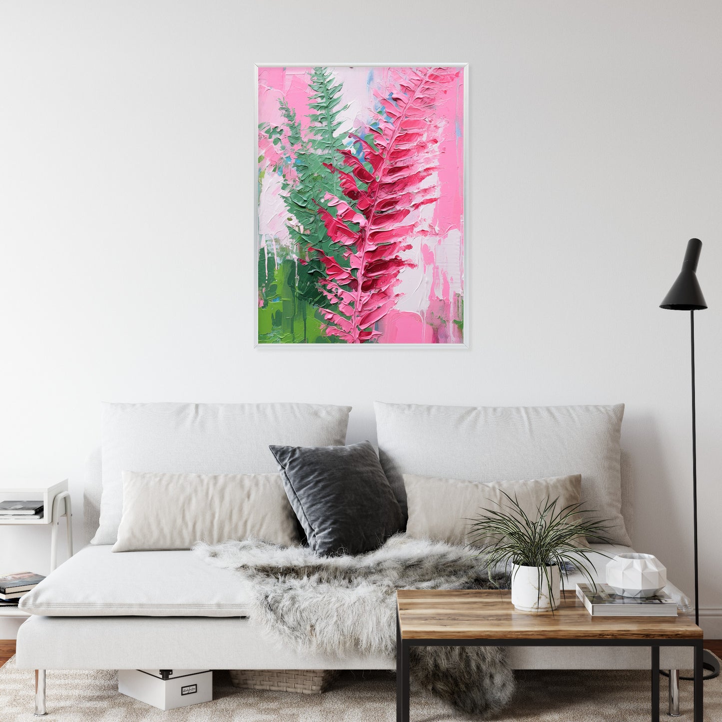 Poster Rosa Farnblätter Rahmen Holz Mit Passepartout Farbe Natürlich
